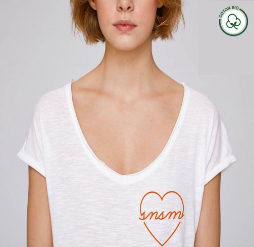 T-shirt femme blanc cœur orange